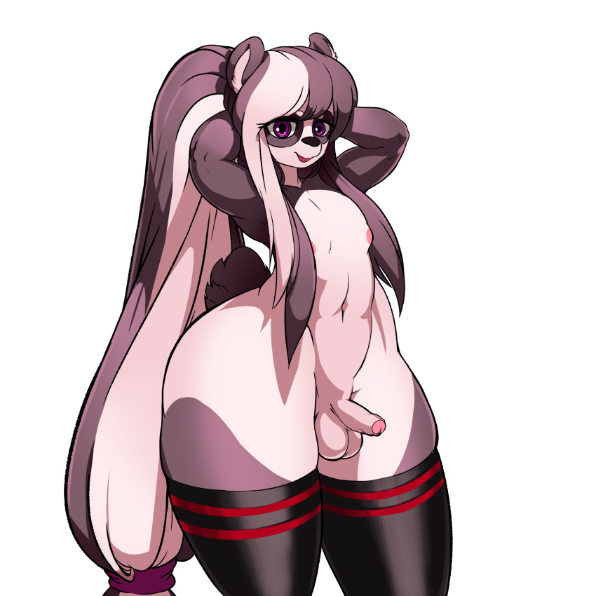 1:1 absurd_res anthro arkanman clothing foreskin genitals giant_panda girly hair hi_res humanoid legwear long_hair looking_at_viewer male mammal nipples penile penis ponytail raised_arm small_penis solo stockings thick_thighs ursid wide_hips ying_li