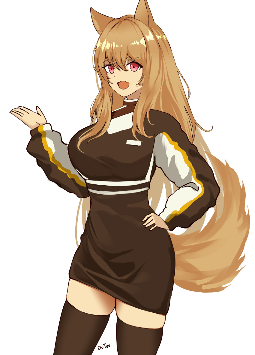 1girl absurdres adapted_costume animal_ears arknights artist_name breasts brown_hair brown_legwear brown_sweater ceobe_(arknights) chinese_commentary cowboy_shot dog_ears dog_tail dutou eyebrows_visible_through_hair fang hair_between_eyes hand_on_hip highres large_breasts long_hair long_sleeves looking_at_viewer open_mouth red_eyes signature simple_background smile solo sweater tail thighhighs thighs turtleneck white_background zettai_ryouiki