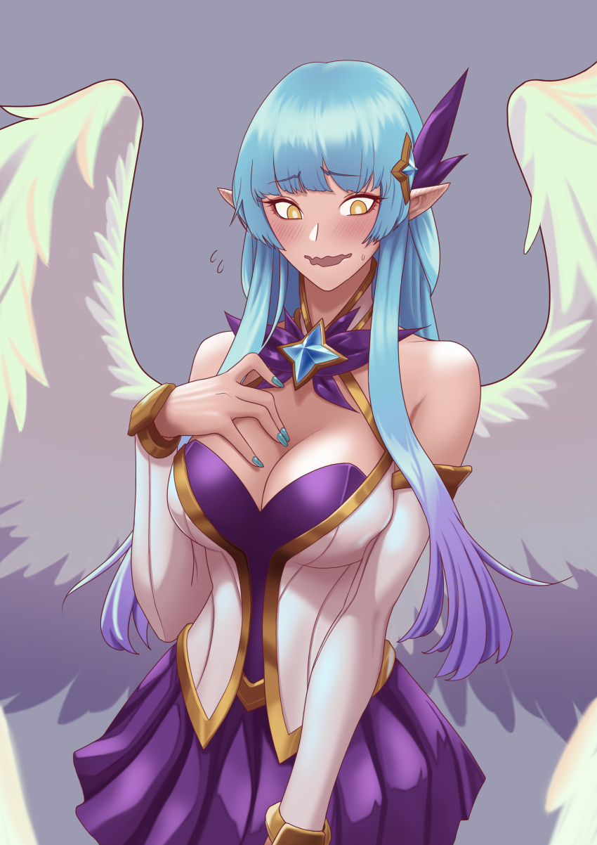 1girl absurdres alternate_costume blue_hair blue_nails blush breasts bright_pupils cel_da_lin cleavage commentary_request gradient_hair highres kayle korean_commentary large_breasts league_of_legends long_hair looking_to_the_side multicolored_hair nail_polish open_mouth pleated_skirt pointy_ears purple_skirt simple_background skirt solo star_guardian_(league_of_legends) sweat sweatdrop white_pupils wings yellow_eyes