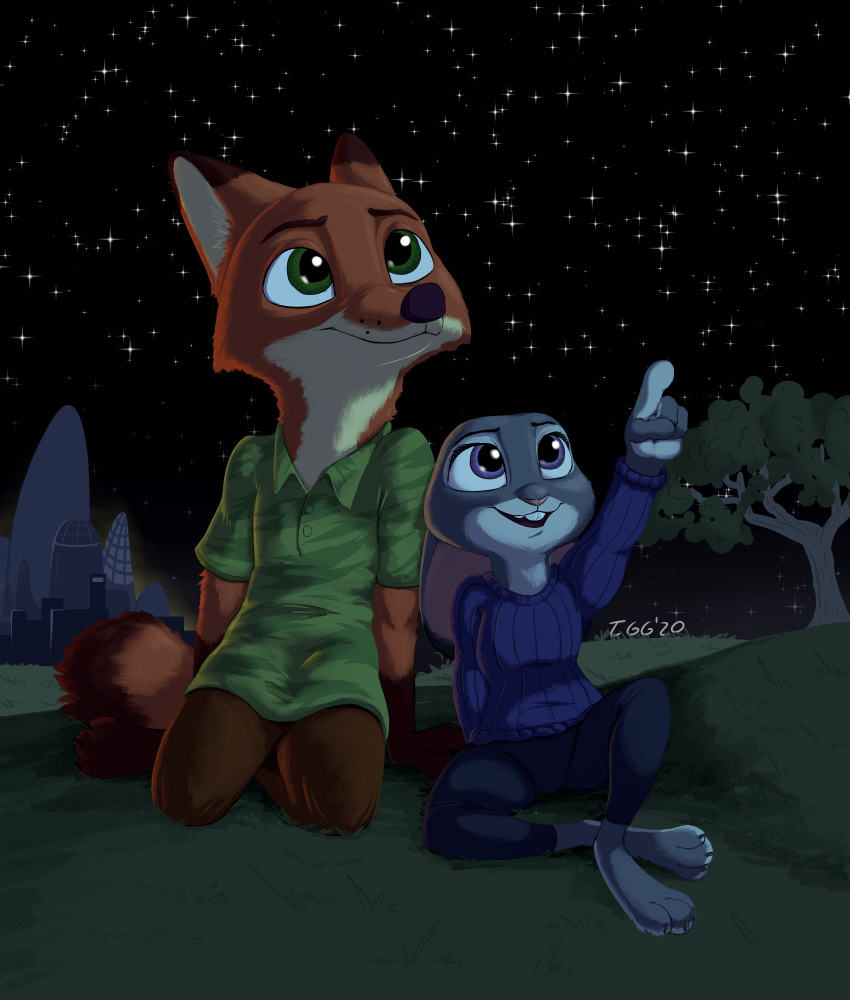 2020 anthro barefoot bottomwear brown_body brown_fur buckteeth building canid canine city clothed clothing detailed_background disney duo female fox fully_clothed fur gesture grass green_eyes grey_body grey_fur hi_res judy_hopps lagomorph leporid light lighting male mammal nick_wilde night open_mouth open_smile outside pants pointing purple_eyes rabbit red_fox shirt sitting sky smile star starry_sky sweater teeth tggeko topwear tree zootopia