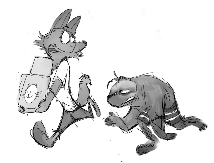 anthro biped canid canine canis carrying clothed clothing duo fur hi_res holding_object looking_at_another male mammal miikesobi monochrome open_mouth paws pilosan running simple_background sketch sloth teeth tongue wolf xenarthran