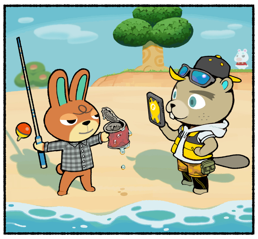 animal_crossing anthro beaver blonde_hair blue_eyes border buckteeth c.j._(animal_crossing) cellphone chibi claude_(animal_crossing) cricetid duo fishing_rod flurry_(animal_crossing) freckles hair hamster lagomorph leporid male mammal nintendo phone rabbit rodent shirimoto smartphone teeth tin_can video_games white_border