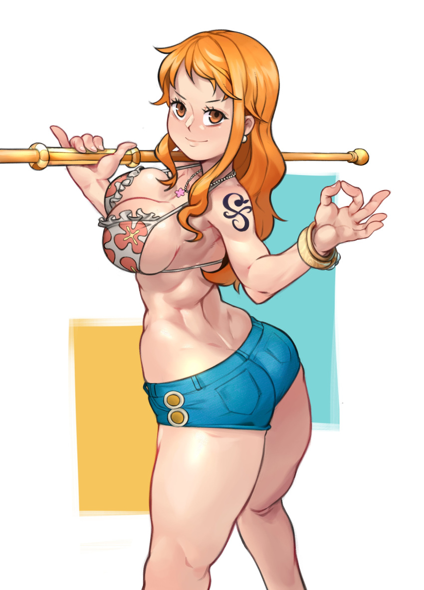 1girl absurdres ass bikini bikini_top blue_shorts bracelet breasts cleavage clima-tact commentary commission commissioner_upload dimples_of_venus earrings english_commentary floral_print frilled_bikini frills highres holding holding_weapon jewelry kelvin_hiu large_breasts long_hair looking_at_viewer money_gesture nami_(one_piece) necklace one_piece one_piece:_strong_world orange_eyes orange_hair pearl_necklace pinky_out short_shorts shorts shoulder_tattoo sideboob solo swimsuit tattoo weapon