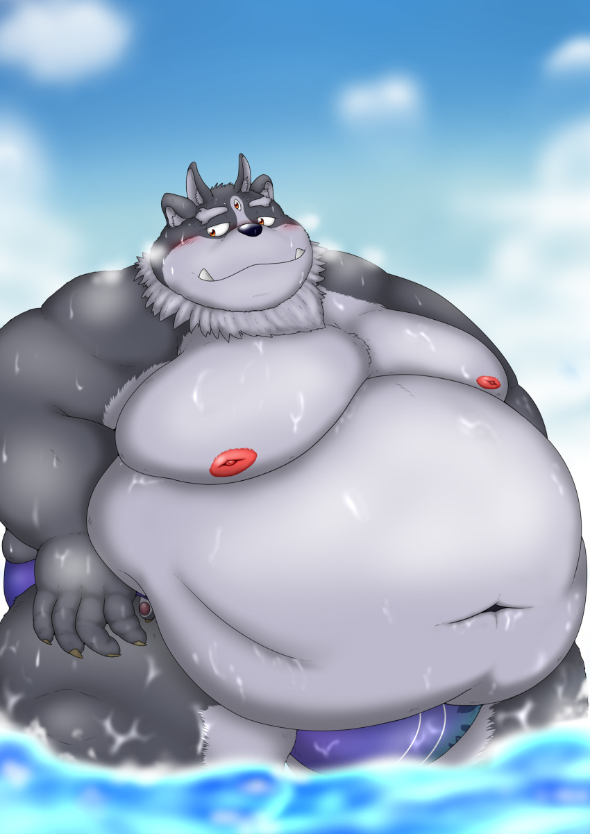 2020 anthro belly black_nose blush bulge burenai clothing hi_res humanoid_hands kemono male moobs nipples obese outside overweight overweight_male solo swimwear tokyo_afterschool_summoners tsathoggua video_games water wet