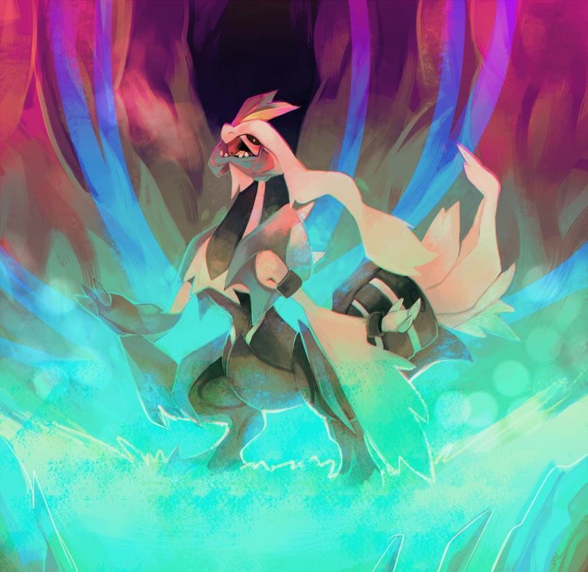 commentary creature english_commentary full_body gen_5_pokemon highres kyurem legendary_pokemon looking_at_viewer multiple_sources no_humans pokemon pokemon_(creature) salanchu solo standing white_kyurem