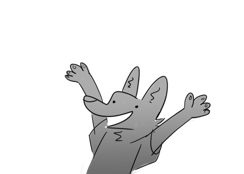 anthro biped canid canine canis clothed clothing fingers hands_above_head happy hi_res male mammal miikesobi monochrome open_mouth raised_arm simple_background simple_eyes solo wolf