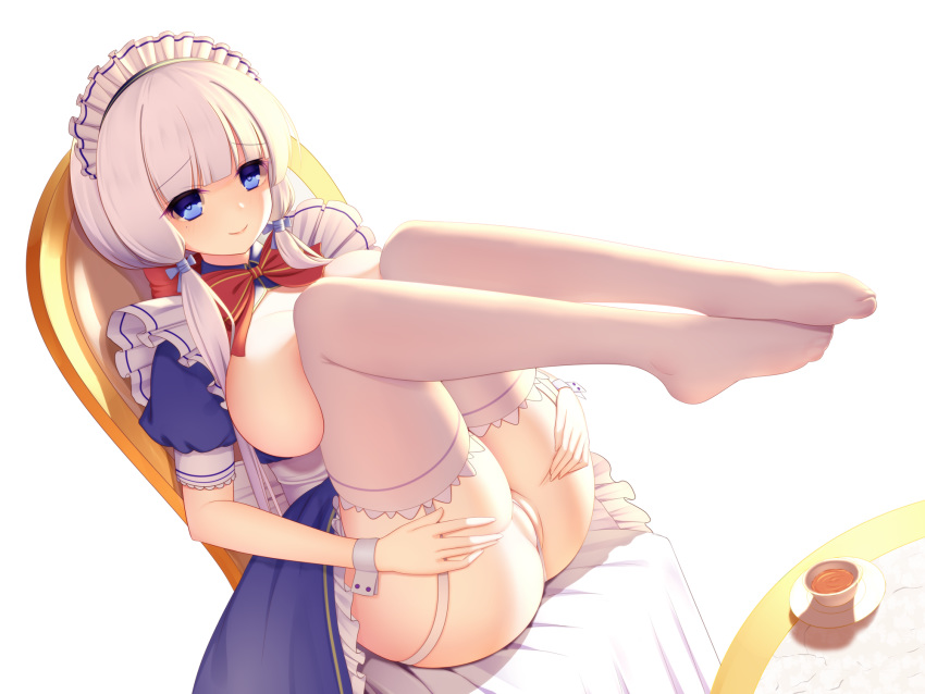 1girl ass azur_lane bangs blue_eyes blush breast_press breasts coffee cup dress eyebrows_visible_through_hair hair_ornament highres illustrious_(azur_lane) labia laoan large_breasts long_hair partially_visible_vulva pussy simple_background sitting smile solo teacup thighhighs thighs underwear wedgie white_background white_dress white_hair white_headwear white_legwear