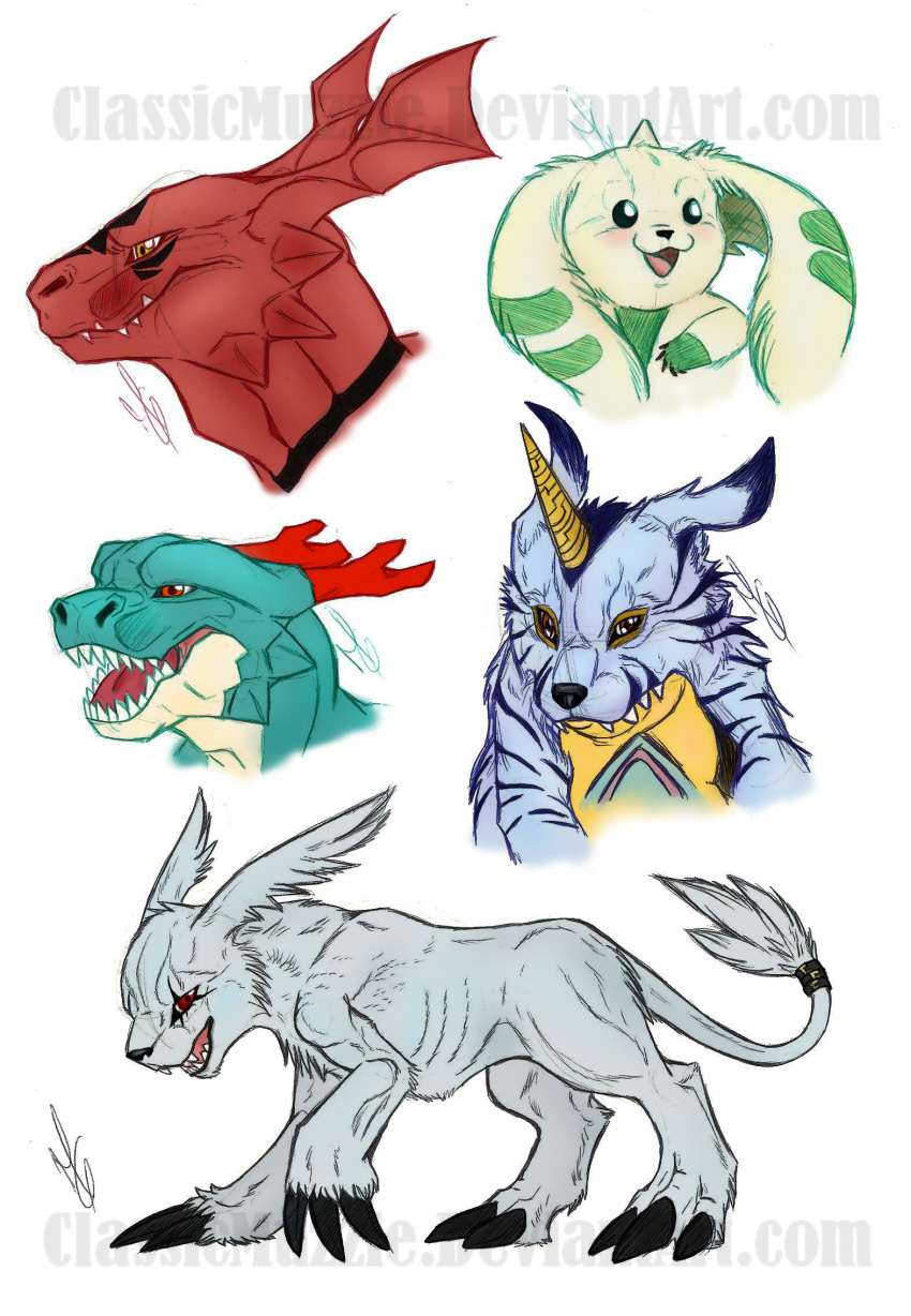 black_claws black_markings black_nose blue_body blue_fur blue_markings classicmuzzle_(artist) claws digimon digimon_(species) dracomon eye_scar fur gabumon gazimon green_body green_markings grey_body grey_fur guilmon headshot_portrait hi_res horn lagomorph mammal markings open_mouth portrait red_body reptile scalie scar sharp_teeth signature simple_background tail_tuft teeth terriermon tuft white_background