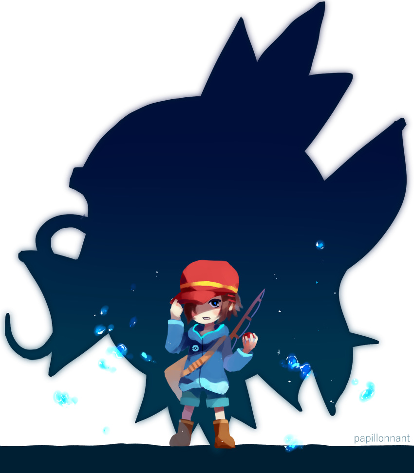 1boy blue_eyes boots brown_footwear celry commentary creature english_commentary fishing_rod gen_1_pokemon highres holding holding_poke_ball long_sleeves magikarp poke_ball poke_ball_(generic) pokemon pokemon_(creature) pokemon_(game) pokemon_magikarp_jump protagonist_(magikarp_jump) red_headwear shorts solo_focus standing