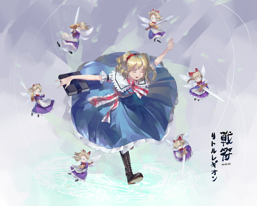 1girl abstract_background alice_margatroid apron black_footwear blonde_hair blue_background blue_dress blue_eyes book boots bow bowtie capelet closed_eyes commentary cross-laced_footwear dress english_commentary grimoire_of_alice hair_bow hairband highres holding holding_book leaning_forward long_hair looking_at_viewer open_mouth outstretched_arms puffy_short_sleeves puffy_sleeves puppet_strings red_neckwear riki6 shanghai_doll short_hair short_sleeves solo spread_arms standing standing_on_one_leg sword touhou translation_request waist_apron weapon white_capelet white_sleeves