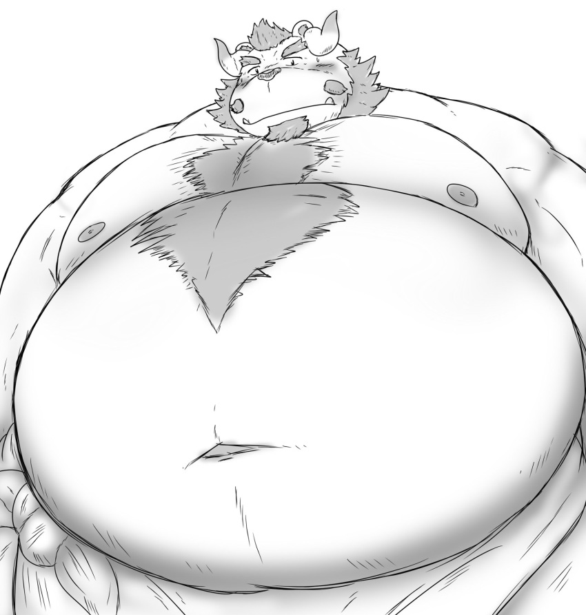 2020 anthro belly blush burenai chernobog hi_res kemono male monochrome moobs navel nipples obese overweight overweight_male simple_background solo tokyo_afterschool_summoners towel video_games white_background