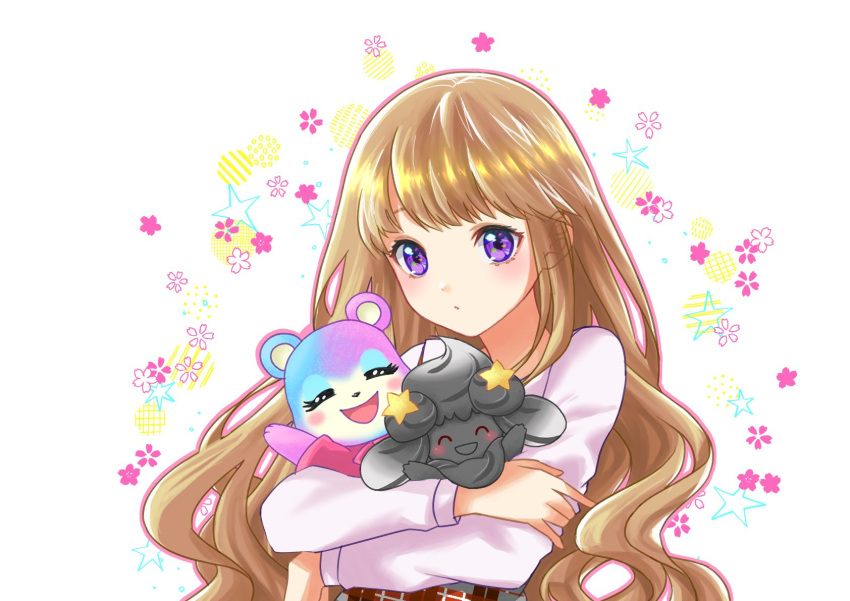1girl :d ^_^ alcremie alcremie_(star_sweet) alternate_color bangs blunt_bangs brown_hair closed_eyes commentary_request crossover doubutsu_no_mori eyelashes facing_viewer floral_background gen_8_pokemon happy highres holding holding_pokemon long_hair long_sleeves looking_at_viewer misuzu_(doubutsu_no_mori) open_mouth original pokemon pokemon_(creature) punico_(punico_poke) purple_eyes shiny_pokemon smile upper_body white_background
