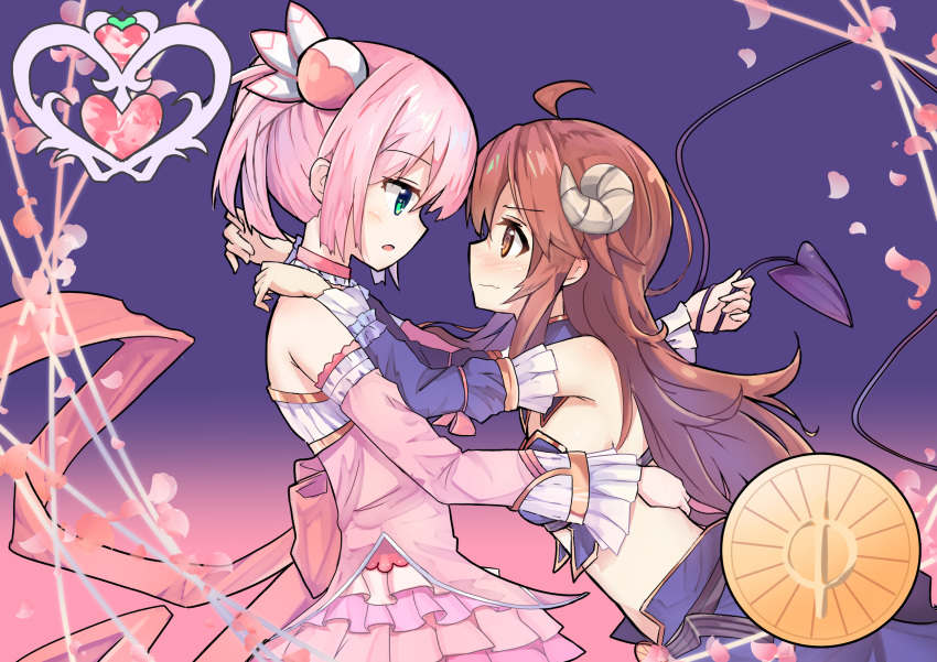 2girls ahoge blush brown_eyes brown_hair chiyoda_momo curled_horns demon_girl demon_horns demon_tail detached_sleeves eye_contact eyebrows_visible_through_hair gradient gradient_background haemori_ako hair_ornament highres horns hug kannazuki_no_miko long_hair looking_at_another machikado_mazoku magical_girl miko_embrace multiple_girls open_mouth parody pink_hair revealing_clothes shiny shiny_hair short_hair tail yoshida_yuuko_(machikado_mazoku) yuri