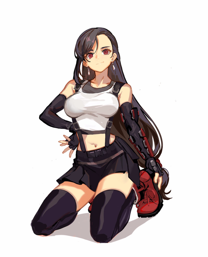 1girl arm_guards black_hair black_skirt brown_eyes earrings elbow_gloves final_fantasy final_fantasy_vii final_fantasy_vii_remake fingerless_gloves gloves highres james_ghio jewelry long_hair low-tied_long_hair midriff navel red_footwear simple_background skirt smile solo stomach suspender_skirt suspenders tank_top thighhighs tifa_lockhart white_background white_tank_top