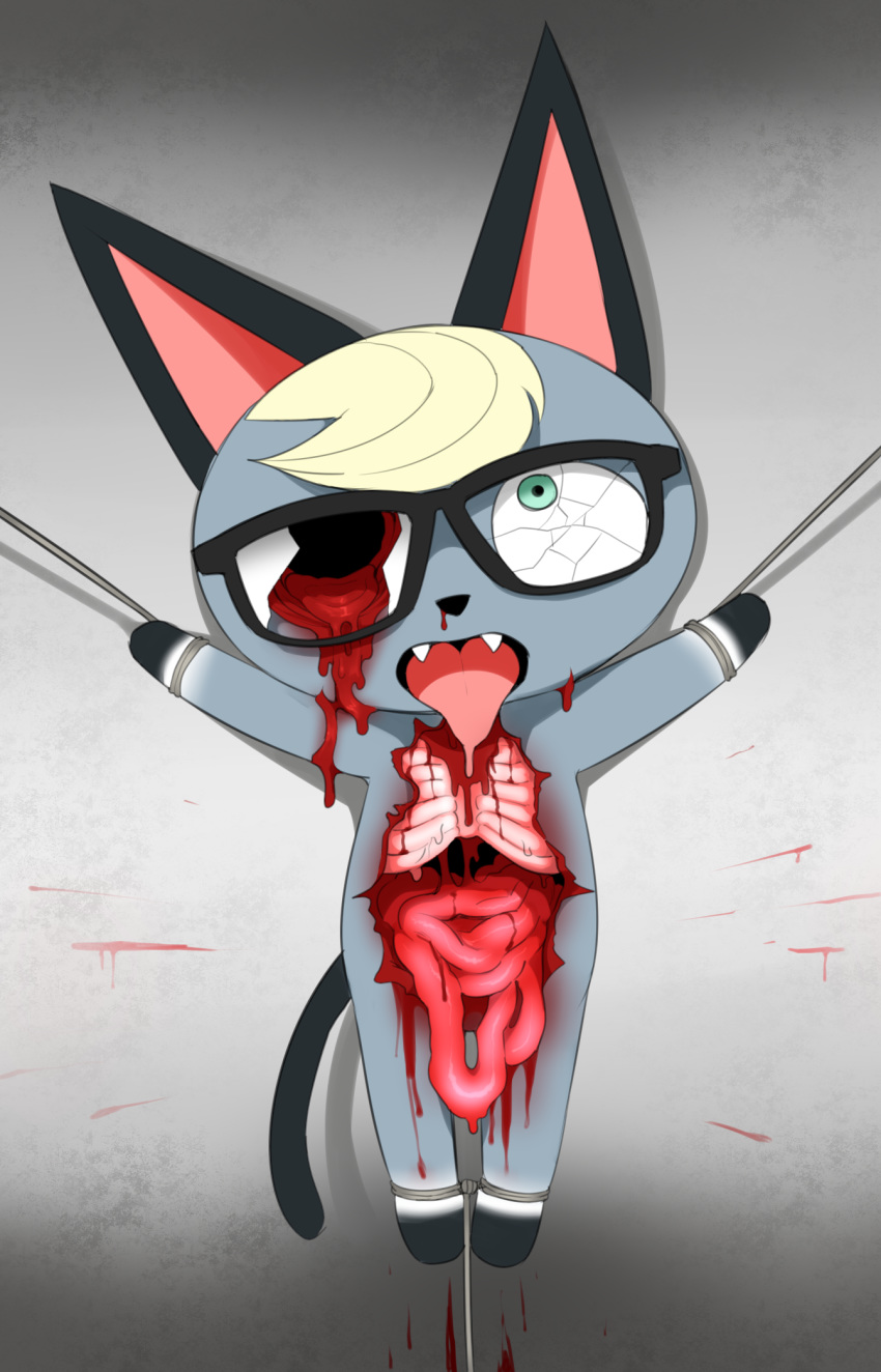 animal_crossing anthro bdsm blood bodily_fluids bondage bound death domestic_cat eyewear felid feline felis fur glasses gore grey_body grey_fur guts hi_res intestines male mammal nintendo raymond_(animal_crossing) rope simple_background solo torture unknown_artist video_games