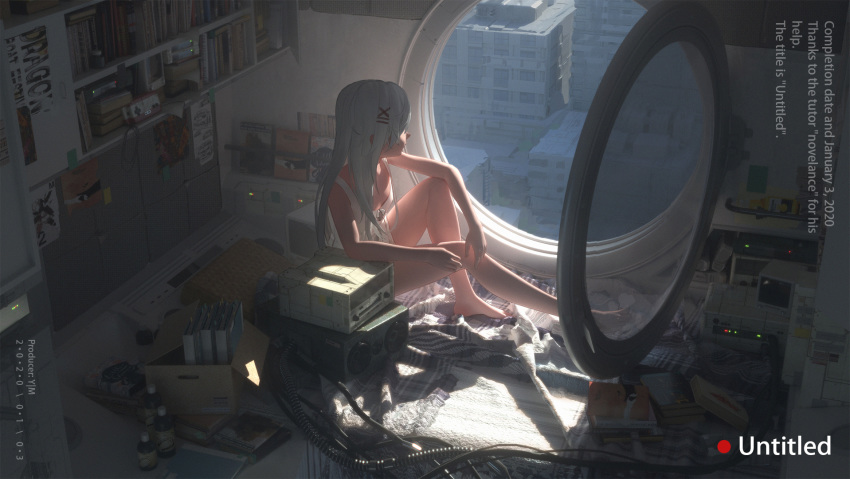 1girl artist_name barefoot blue_hair book bookshelf bottle breasts cable cityscape commentary dated dress exx586 hair_ornament hair_tie highres legs long_hair looking_away looking_out_window magazine mechanical_parts messy_room open_window original rooftop science_fiction shadow sitting small_breasts solo sundress sunlight technology thighs tube window wire