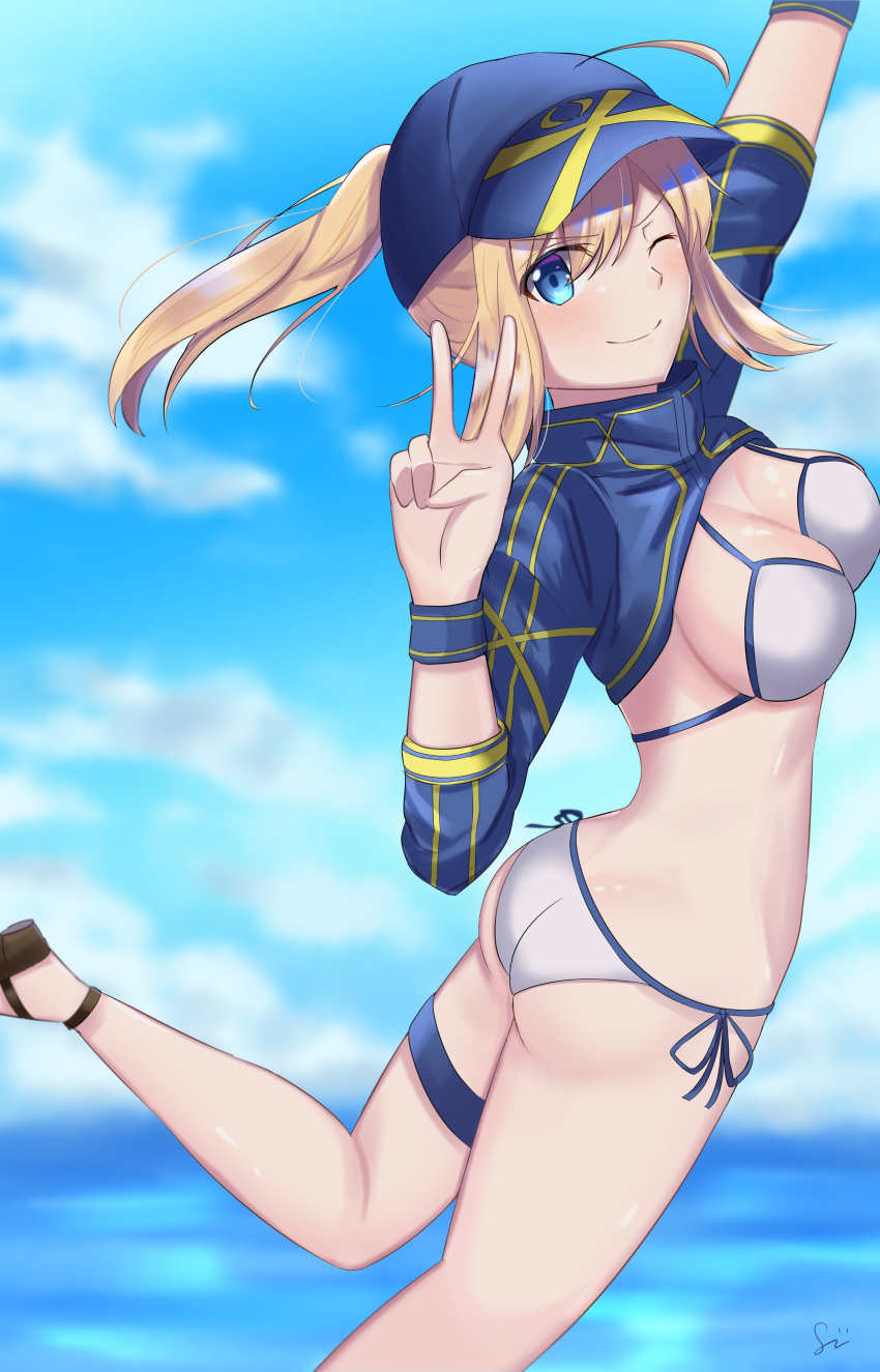 1girl absurdres ahoge artoria_pendragon_(all) ass baseball_cap bikini blonde_hair blue_eyes blue_headwear breasts cleavage cloud day fate/grand_order fate_(series) hair_through_headwear hat highres jumping mysterious_heroine_xx_(foreigner) ocean peace_symbol ponytail side-tie_bikini sky smile solo swimsuit thighs v