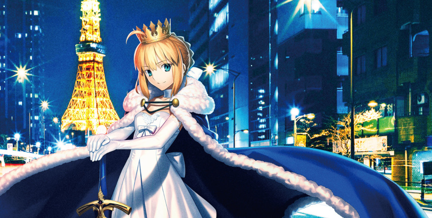 artoria_pendragon_(all) blonde_hair blue_cape cape crown dress fate/grand_order fate/stay_night fate_(series) gloves green_eyes highres looking_at_viewer official_art photo saber saber_(weapon) sword takeuchi_takashi weapon white_dress white_gloves