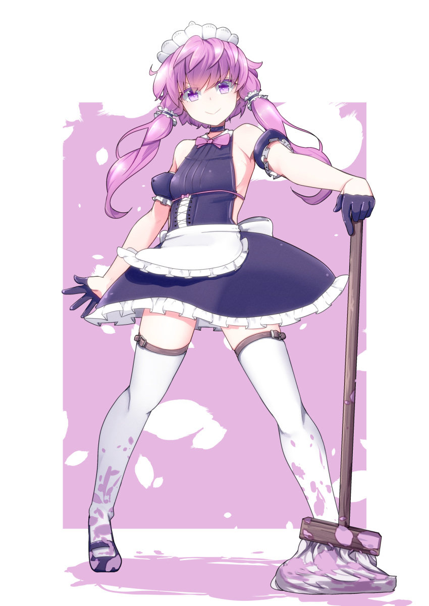 1girl alternate_costume apron bare_shoulders black_footwear blush breasts broom commentary_request dress frills hair_ornament highres holding holding_broom long_hair looking_at_viewer maid maid_apron maid_headdress pon_(shind_997) purple_eyes purple_hair shoes small_breasts smile solo twintails vocaloid white_legwear yuzuki_yukari