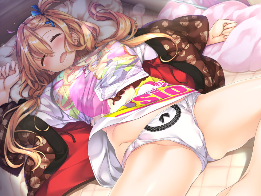 1girl aikagi_2_(azarashi_soft) bell_print blonde_hair blush bow bow_panties closed_eyes drooling game_cg gintarou_(kurousagi108) highres lace lace-trimmed_panties lace_trim long_hair lying no_pants official_art on_back on_bed one_side_up open_clothes open_mouth open_robe panties pillow ribbon-trimmed_panties robe solo spread_legs sumeragi_ayano underwear white_panties