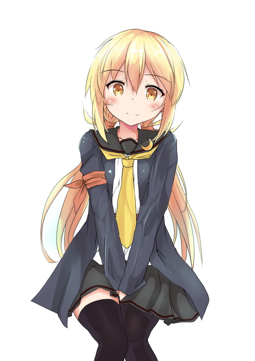 1girl black_jacket black_legwear black_sailor_collar black_skirt blonde_hair blush crescent crescent_moon_pin eyebrows_visible_through_hair feet_out_of_frame hair_between_eyes highres jacket kantai_collection knees_together long_hair long_sleeves low_twintails necktie pleated_skirt remodel_(kantai_collection) sailor_collar satsuki_(kantai_collection) school_uniform serafuku simple_background skirt smile solo thighhighs twintails white_background yellow_eyes yellow_neckwear yuu_(alsiel)