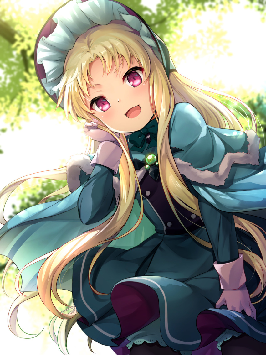 1girl :d bangs blonde_hair blue_cape blue_capelet blue_dress blurry blurry_background blush bonnet brooch cape capelet chin_strap cowboy_shot dress dress_tug from_below fur-trimmed_capelet fur_trim gloves hair_tucking highres jewelry kaitou_tenshi_twin_angel kouzu_shou long_hair long_sleeves looking_at_viewer open_mouth pantyhose parted_bangs pink_eyes plant salome_(twin_angel_3) smile solo twin_angel very_long_hair white_gloves