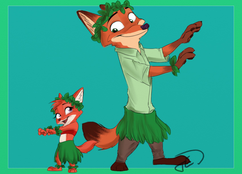 2016 anthro blue_background border brown_body brown_fur canid canine daughter dipstick_tail disney duo fan_character father father_and_child father_and_daughter fox fur grass_skirt green_border hula isabelle_wilde mammal multicolored_tail nick_wilde open_mouth open_smile orange_body orange_fur parent parent_and_child red_fox simple_background smile standing trashasaurusrex zootopia