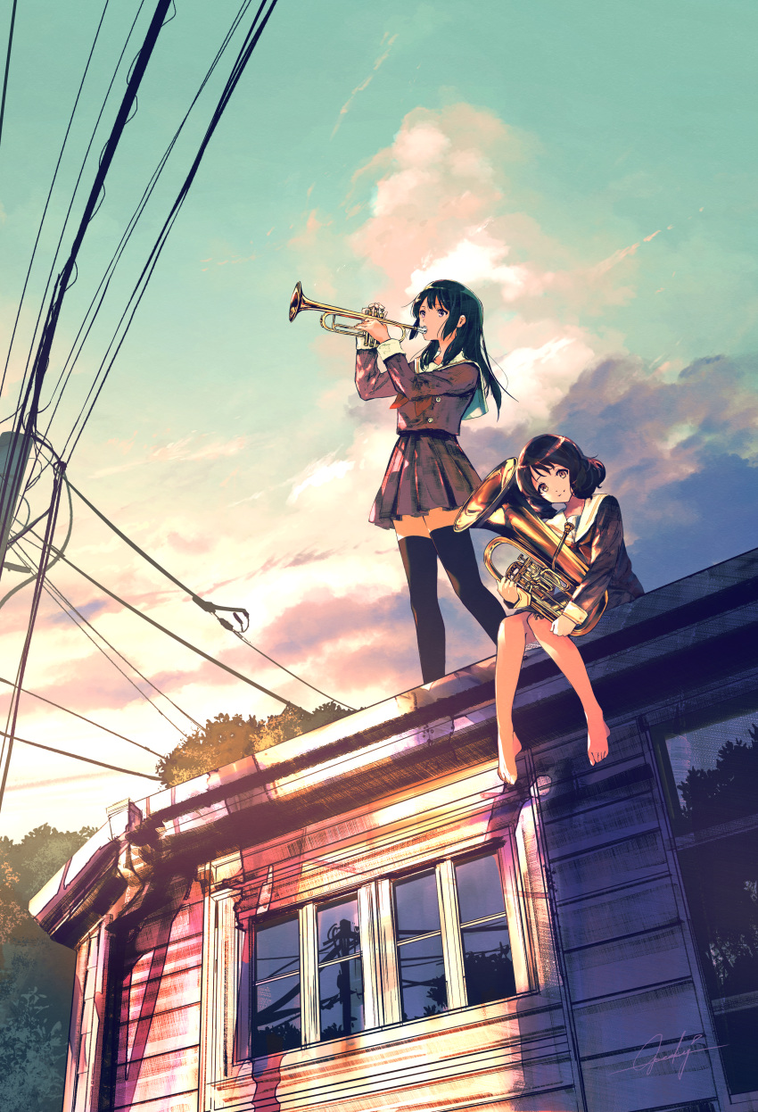 2girls absurdres bangs bare_legs barefoot black_hair black_legwear brown_eyes building cloud day euphonium full_body goroku hibike!_euphonium highres house huge_filesize instrument kitauji_high_school_uniform kousaka_reina long_hair long_sleeves looking_at_viewer miniskirt multiple_girls music neckerchief on_roof oumae_kumiko outdoors playing_instrument pleated_skirt power_lines purple_eyes purple_shirt purple_skirt red_neckwear reflection sailor_collar school_uniform serafuku shirt short_hair sitting skirt standing telephone_pole thighhighs trumpet white_sailor_collar window zettai_ryouiki