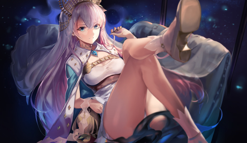 1girl bare_legs blue_eyes brooch cape character_request chinese_commentary closed_mouth commentary_request fate/grand_order fate_(series) gem grey_hair jewelry legs_crossed long_hair looking_at_viewer panties pantyshot pantyshot_(sitting) rabbit_(tukenitian) shoes sitting skirt smile solo tiara underwear white_footwear white_skirt