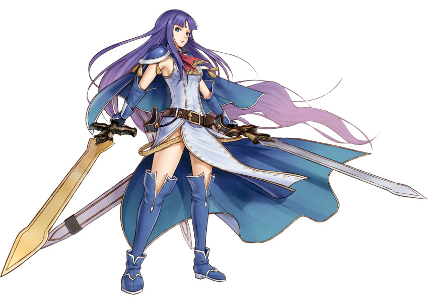 1girl absurdres alondite altina_(fire_emblem) anniversary armpits blue_eyes blue_footwear blue_hair boots capelet dress dual_wielding fighting_stance fire_emblem fire_emblem:_akatsuki_no_megami full_body gauntlets gonzarez highres holding holding_sword holding_weapon huge_weapon long_hair looking_to_the_side nintendo pelvic_curtain ragnell scarf serious sheath shoulder_armor side_slit sleeveless sleeveless_dress sword turtleneck very_long_hair weapon