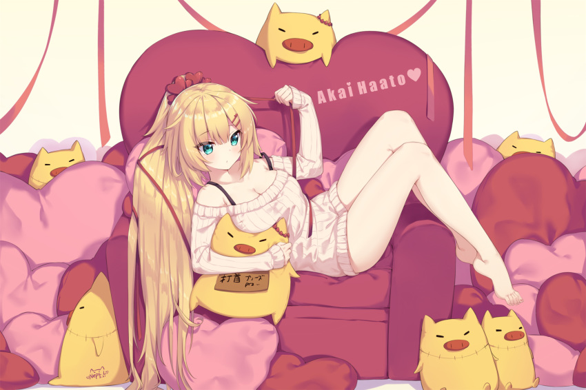 1girl akai_haato aqua_eyes arm_up bangs bare_legs barefoot beige_background blonde_hair breasts character_name cleavage commentary_request couch eyebrows_visible_through_hair hair_between_eyes hair_ornament hairclip heart heart_hair_ornament heart_pillow high_ponytail highres hololive legs long_hair long_sleeves lying medium_breasts neps-l on_back on_couch pillow ponytail red_ribbon ribbed_sweater ribbon simple_background sleeves_past_wrists solo stuffed_animal stuffed_pig stuffed_toy sweater toenails very_long_hair virtual_youtuber white_sweater