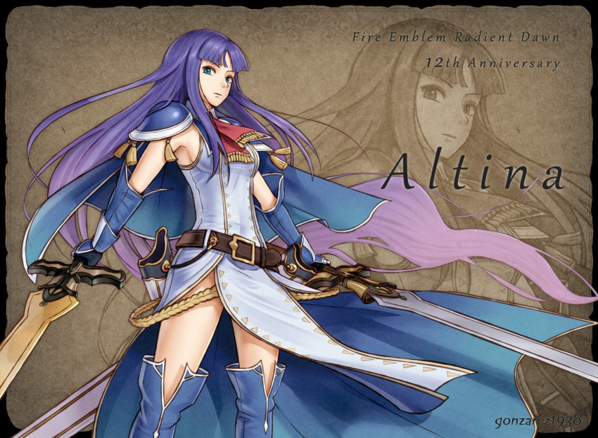 1girl alondite altina_(fire_emblem) anniversary armpits blue_eyes blue_footwear blue_hair boots capelet character_name copyright_name dress dual_wielding fighting_stance fire_emblem fire_emblem:_akatsuki_no_megami gauntlets gonzarez highres holding holding_sword holding_weapon huge_weapon long_hair looking_to_the_side nintendo pelvic_curtain ragnell scarf serious sheath shoulder_armor side_slit sleeveless sleeveless_dress sword thigh_boots thighhighs thighs turtleneck twitter_username typo very_long_hair weapon zettai_ryouiki
