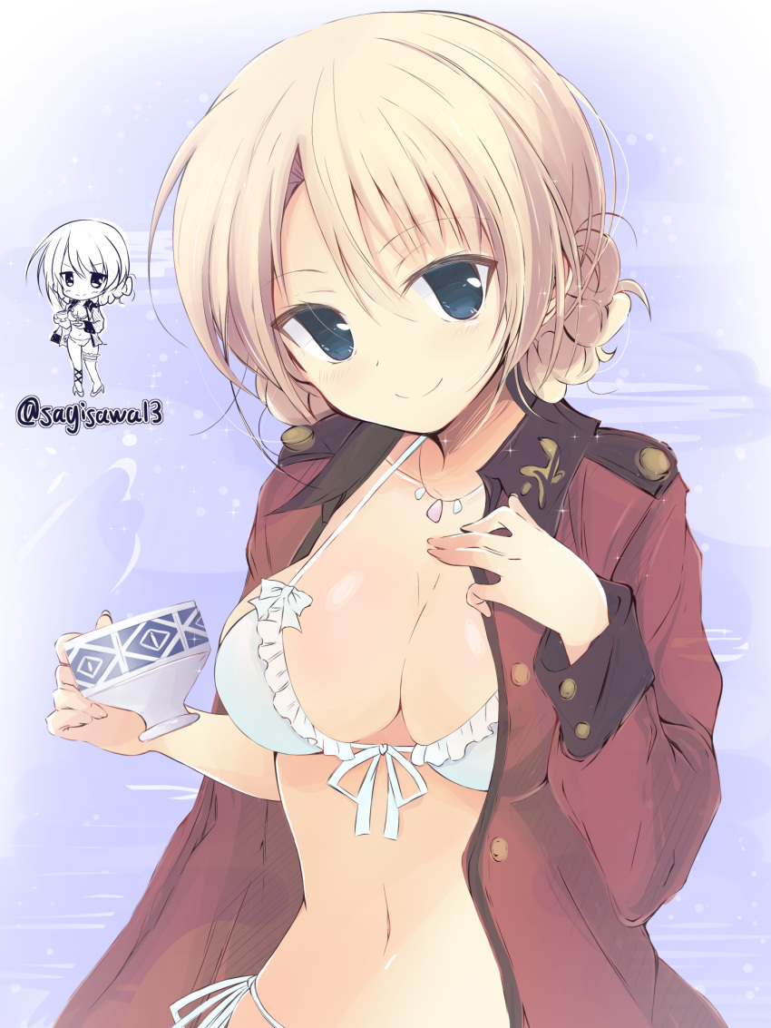 1girl bangs bikini blonde_hair blue_eyes blush breasts chibi chibi_inset cleavage closed_mouth commentary cup darjeeling epaulettes eyebrows_visible_through_hair frilled_bikini frills front-tie_bikini front-tie_top getsumen_suibaku_ver._a(c) girls_und_panzer head_tilt highres holding holding_cup jacket jewelry large_breasts light_blush light_particles long_sleeves looking_at_viewer military military_uniform navel necklace open_clothes open_jacket red_jacket revision short_hair side-tie_bikini skindentation smile solo sparkle st._gloriana's_military_uniform swimsuit teacup tied_hair twitter_username uniform upper_body