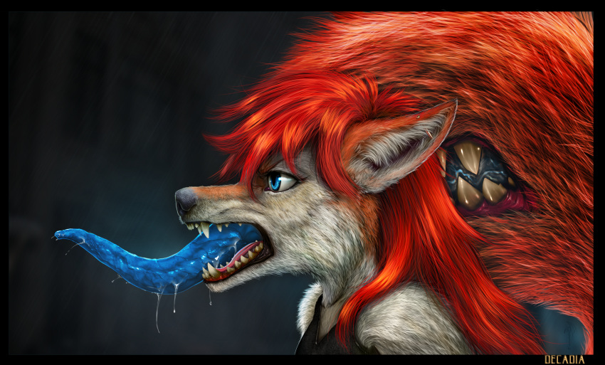 animal_humanoid anthro blue_eyes bodily_fluids bust_portrait canid canid_humanoid canine canine_humanoid canis darkflamewolf decadia drooling ear_piercing female fur hi_res humanoid inner_ear_fluff mammal mammal_humanoid perspective_shot piercing portrait realistic realistic_fur red_body red_fur saliva side_view solo tail_maw tail_mouth taylor_renee_wolford_(darkflamewolf) teeth teeth_bared teeth_showing tongue tongue_out tuft wolf wolf_humanoid