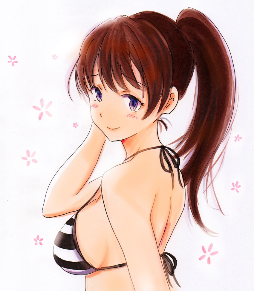 1girl arm_up back bangs bikini breasts brown_hair closed_mouth commentary_request eyebrows_visible_through_hair highres katou_megumi looking_at_viewer looking_to_the_side marker_(medium) medium_breasts millipen_(medium) ponytail potekite purple_eyes saenai_heroine_no_sodatekata sideboob simple_background smile solo striped striped_bikini swimsuit traditional_media upper_body