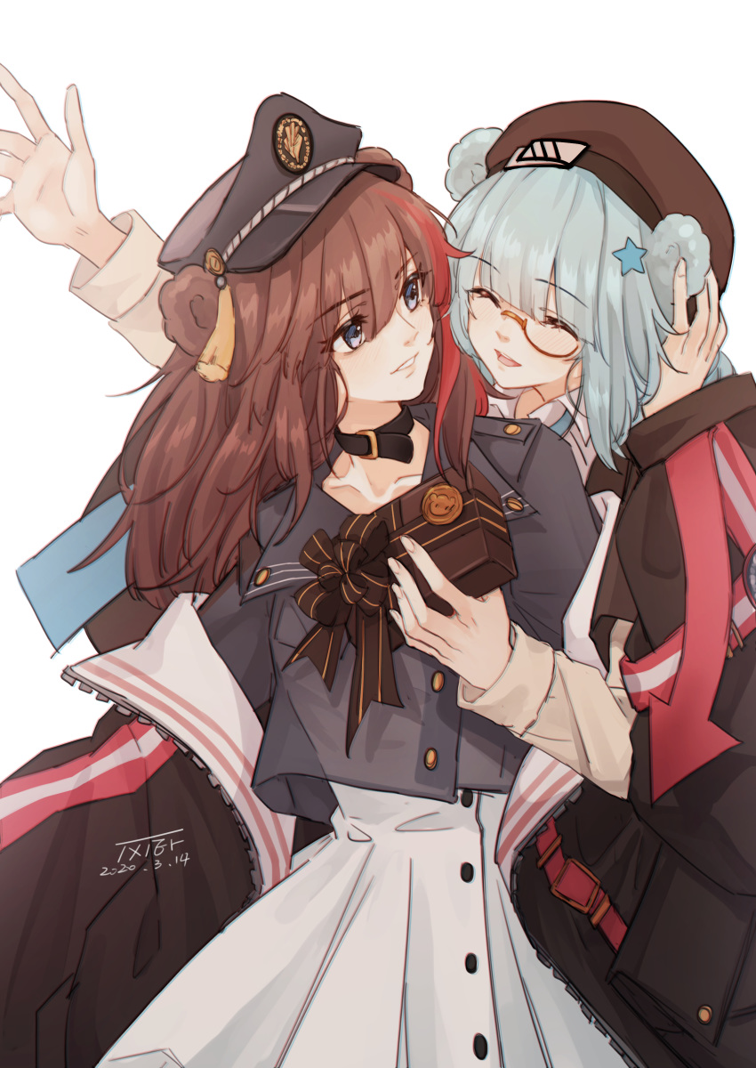 2girls :d ^_^ absurdres animal_ears arknights arm_up bangs bear_ears beret black_choker black_headwear black_jacket blue_hair box brown_hair brown_headwear chinese_commentary choker closed_eyes commentary_request dated eyebrows_visible_through_hair gift gift_box grey_eyes grey_shirt grin hair_between_eyes hair_ornament hat highres holding holding_box istina_(arknights) jacket long_hair long_sleeves looking_at_another monocle multicolored_hair multiple_girls off_shoulder open_clothes open_jacket open_mouth parted_lips peaked_cap red_hair shirt signature simple_background skirt smile star star_hair_ornament streaked_hair white_background white_skirt ya_kexi zima_(arknights)