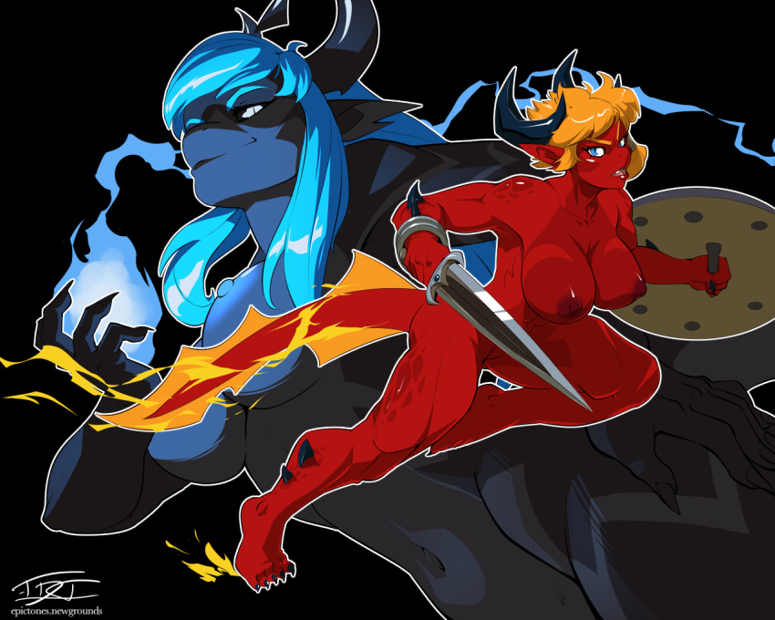 5:4 5_toes angry anthro areola arklai_(croxot) armor black_background black_body black_nails black_scales black_sclera black_skin blue_eyes blue_fire blue_hair breasts claws colored_fire colored_nails dragon duo eyelashes fangs featureless_crotch female fire hair hand_on_hip hardtones hei_(croxot) holding_object holding_weapon horn humanoid_pointy_ears long_ears long_tail melee_weapon multicolored_body multicolored_skin muscular muscular_female nails navel nipples non-mammal_breasts notched_ear orange_hair ponytail red_body red_scales red_skin running scales scalie shield simple_background slit_pupils solo toes two_tone_body two_tone_skin weapon