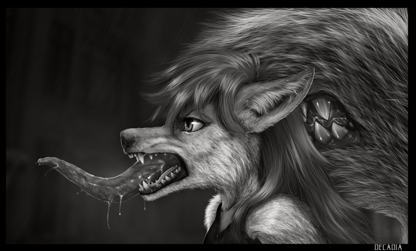 animal_humanoid anthro black_and_white blue_eyes bodily_fluids bust_portrait canid canid_humanoid canine canine_humanoid canis darkflamewolf decadia drooling ear_piercing female fur hi_res humanoid inner_ear_fluff mammal mammal_humanoid monochrome perspective_shot piercing portrait realistic realistic_fur red_body red_fur saliva side_view solo tail_maw tail_mouth taylor_renee_wolford_(darkflamewolf) teeth teeth_bared teeth_showing tongue tongue_out tuft wolf wolf_humanoid