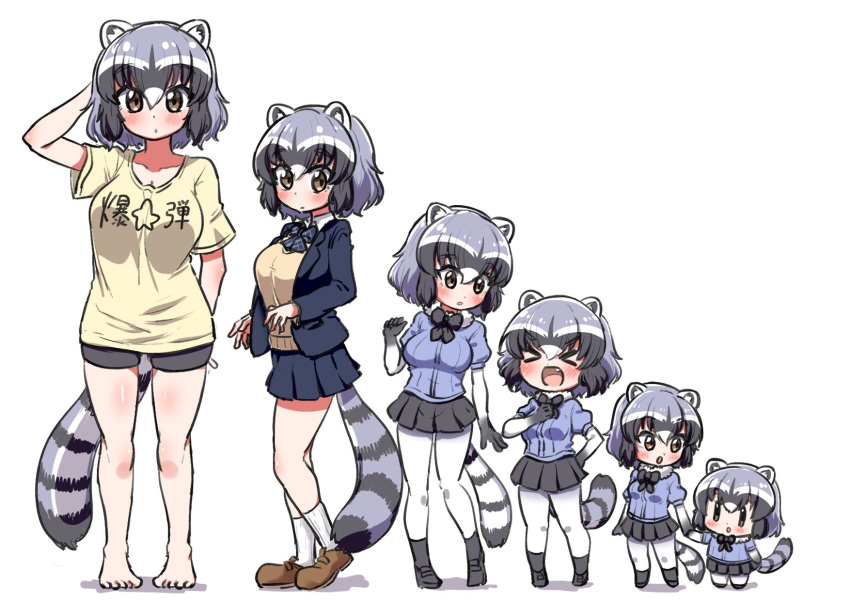 &gt;_&lt; 1girl adapted_costume alternate_costume animal_ears bare_legs barefoot beige_sweater black_neckwear black_skirt blue_hair blue_neckwear blue_sweater blush bow bowtie brown_eyes chibi child commentary common_raccoon_(kemono_friends) elbow_gloves eyebrows_visible_through_hair fang fur_collar gloves grey_hair highres holding_hands kemono_friends loafers long_sleeves multicolored_hair multiple_views navy_blue_jacket navy_blue_skirt ngetyan open_mouth pantyhose plaid_neckwear pleated_skirt puffy_short_sleeves puffy_sleeves raccoon_ears raccoon_girl raccoon_tail school_uniform shirt shoes short_hair short_shorts short_sleeves shorts skirt socks sweater t-shirt tail translated white_hair white_legwear younger