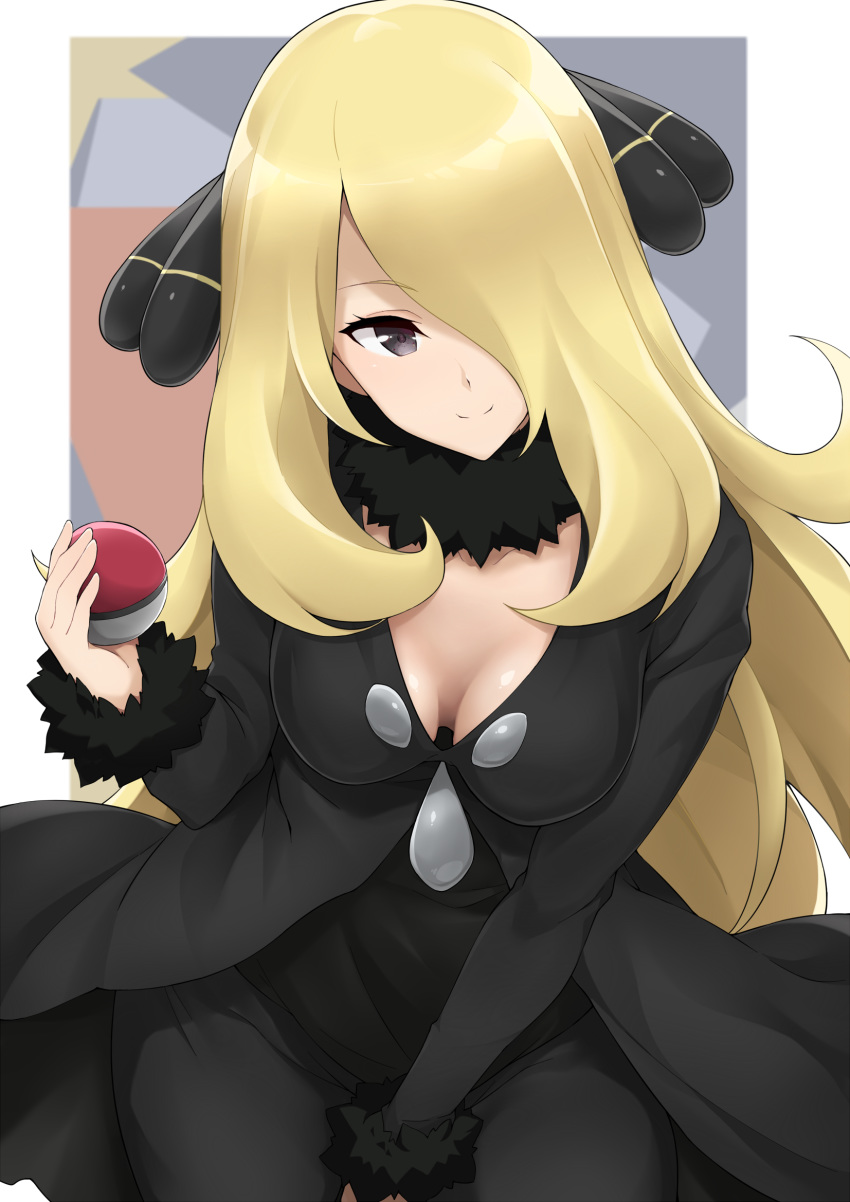 1girl blonde_hair breasts cleavage green_hair hair_ornament hair_over_one_eye highres jampen long_hair looking_at_viewer medium_breasts pokemon shirona_(pokemon) smile solo