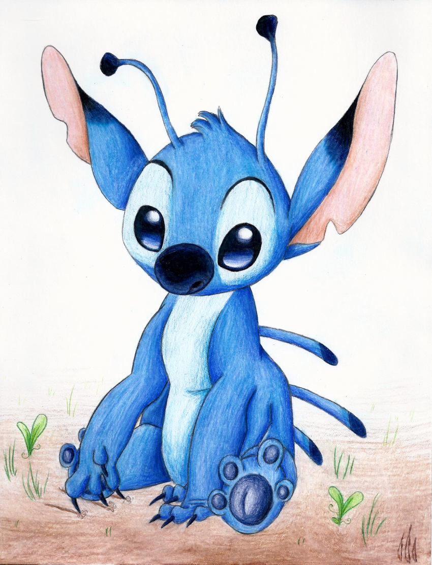 2012 4_fingers 4_toes alien ambiguous_gender antennae_(anatomy) back_spines blue_body blue_claws blue_eyes blue_fur blue_nose blue_pawpads claws dipstick_antennae disney experiment_(lilo_and_stitch) fingers fur head_tuft hi_res lilo_and_stitch looking_at_viewer male_(lore) multi_arm multi_limb multicolored_antennae notched_ear pawpads satyrtail sitting solo stitch_(lilo_and_stitch) toes traditional_media_(artwork) tuft