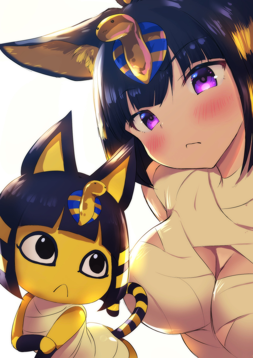 1girl absurdres animal_ears bandages bangs black_eyes blue_hair blunt_bangs blush bob_cut breasts cat_ears cat_tail commentary_request doubutsu_no_mori egyptian egyptian_clothes frown furry hair_ornament highres large_breasts looking_at_viewer miu_(umaru_katia_no_hito) multiple_views nile_(doubutsu_no_mori) personification purple_eyes short_hair simple_background tail white_background yellow_skin