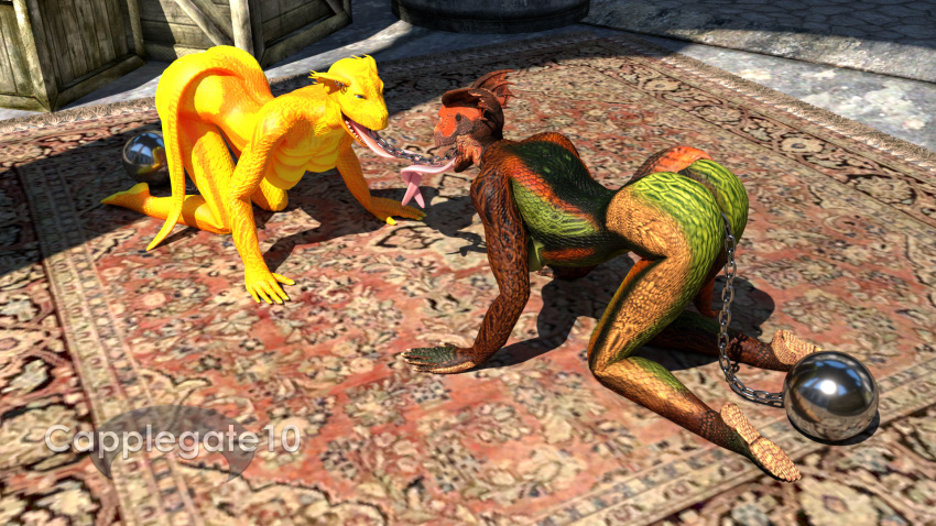 16:9 all_fours all_the_way_through anthro argonian ball_and_chain bedroom_eyes bethesda_softworks capplegate10 chain citrus_(argonian) duo eye_contact female female/female has_no_spine hi_res long_tongue looking_at_another narrowed_eyes nude oblivion open_mouth scalie seductive smile the_elder_scrolls tongue tongue_out video_games widescreen