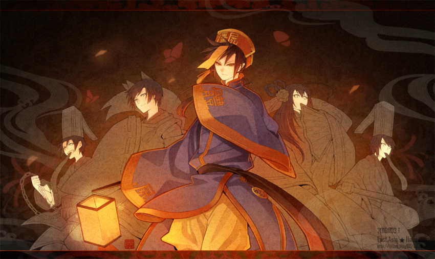 1girl 4boys ahoge animal_ears axis_powers_hetalia baggy_pants black_hair brown_eyes brown_hair changpao china_(hetalia) chinese_clothes chinese_hat clenched_teeth closed_mouth covered_mouth flower fox_ears grin hair_flower hair_ornament halloween_costume hat holding holding_chain hong_kong_(hetalia) japan_(hetalia) japanese_clothes jiangshi kariginu korea_(hetalia) lantern long_hair long_sleeves looking_at_viewer low_ponytail mouth_hold multiple_boys pants paper_lantern qoooy short_hair sleeves_past_fingers sleeves_past_wrists smile standing taiwan_(hetalia) teeth white_pants wide_sleeves zombie