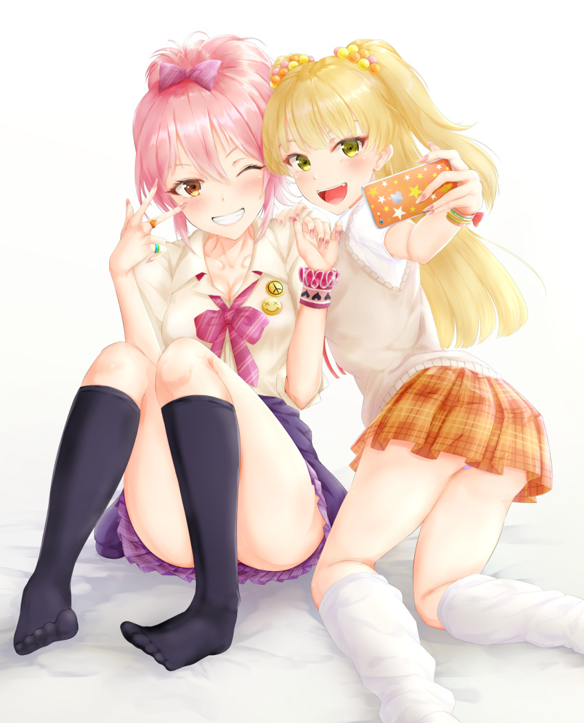 2girls badge blonde_hair bow brown_eyes button_badge cellphone eyelashes feet green_eyes gyaru hair_bow highres idolmaster idolmaster_cinderella_girls jewelry jougasaki_mika jougasaki_rika kcc_(tanimahimeyuri) kogal long_hair multiple_girls nail_polish panties phone pikapikapop pink_hair ponytail ring self_shot siblings sisters socks sweater_vest two_side_up underwear yellow_eyes