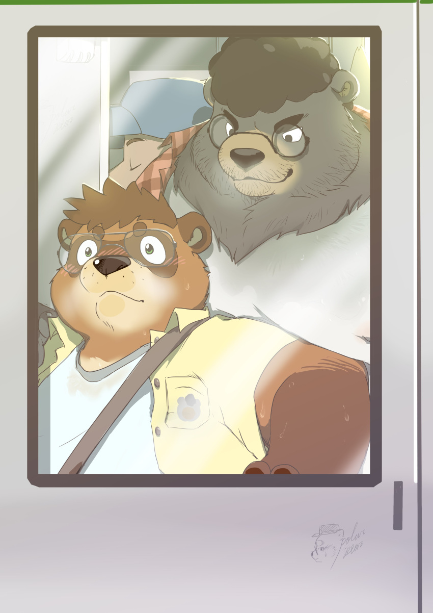 2020 absurd_res anthro belly black_body black_fur blush bodily_fluids brown_body brown_fur canid canine clothing eyewear fur glasses group hi_res hokkyoku_kuma kemono male mammal overweight overweight_male polakuma raccoon_dog shirt stevenlew sweat tanuki topwear ursid