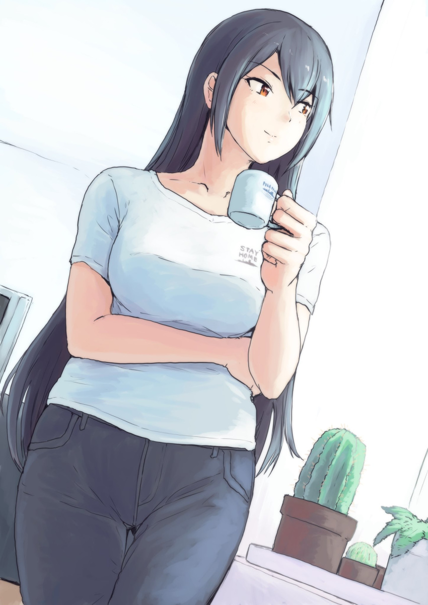 1girl alternate_costume black_hair breasts cactus collarbone commentary_request cowboy_shot cup denim dutch_angle highres indoors jeans kantai_collection large_breasts long_hair looking_to_the_side mug nagato_(kantai_collection) pants plant red_eyes shirt smile solo t-shirt vent_arbre window