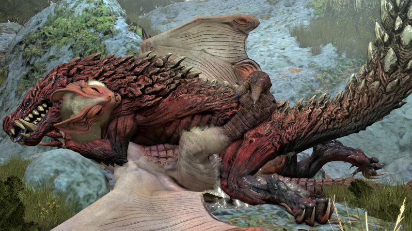 3d_(artwork) barlu bodily_fluids capcom claws cum digital_media_(artwork) dragon duo fanged_wyvern female feral flying_wyvern genital_fluids genitals hi_res male male/female monster monster_hunter odogaron paolumu penis scales scalie source_filmmaker teeth toes video_games wings wyvern