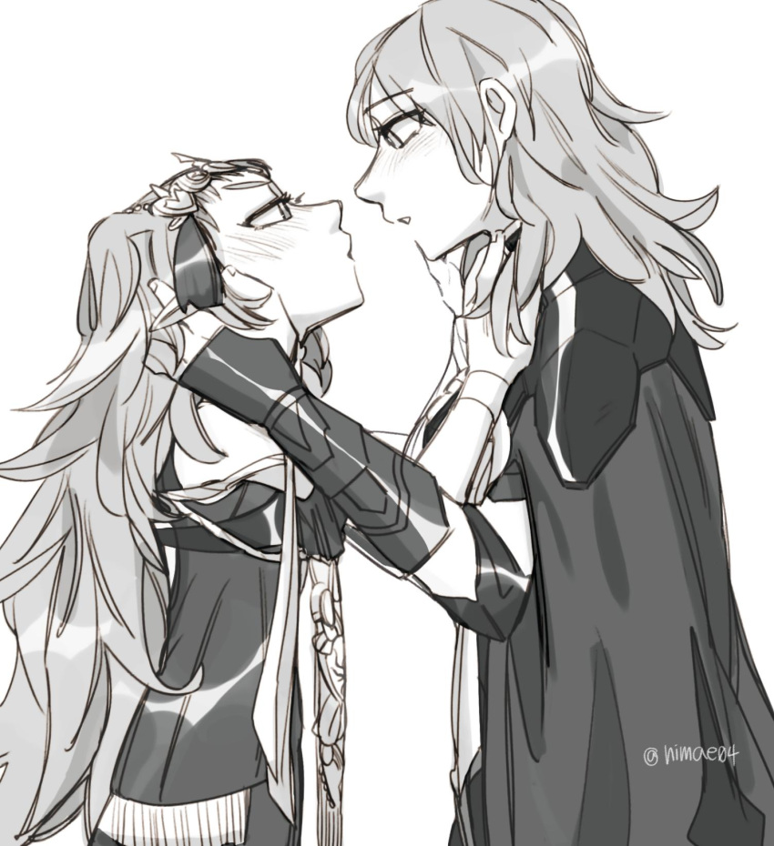 2girls armor black_cape braid byleth_(fire_emblem) byleth_(fire_emblem)_(female) cape fire_emblem fire_emblem:_three_houses from_side greyscale hair_ornament hair_ribbon hands_on_another's_face highres long_hair medium_hair monochrome multiple_girls nimae04 pointy_ears pout ribbon ribbon_braid sothis_(fire_emblem) tiara upper_body white_background yuri