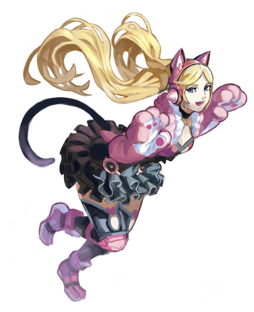 1girl axent_wear black_legwear blonde_hair blue_eyes breasts calilo cat_ear_headphones cat_tail choker cleavage commentary english_commentary frilled_skirt frills full_body gloves headphones highres idol knee_pads long_hair lucky_chloe medium_breasts nose paw_gloves paw_pose paws pink_footwear shoes skirt solo tail tekken tekken_7 thighhighs twintails very_long_hair